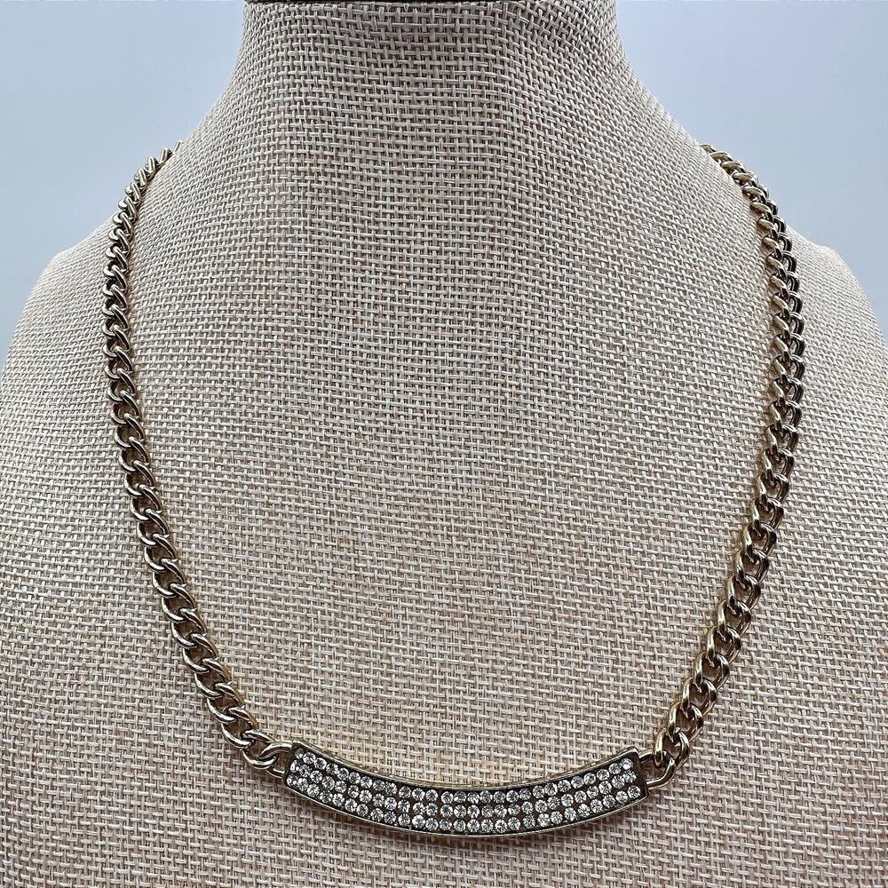 Vintage Y2K Gold Tone Clear Rhinestone Curb Chain Necklace Boho Women's Jewelry